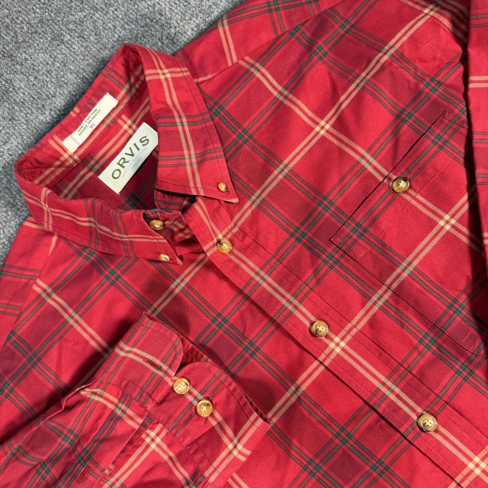 Orvis Mens XL Red Plaid Button Down Shirt Long Sleeve Cotton 65-6516 #4361
